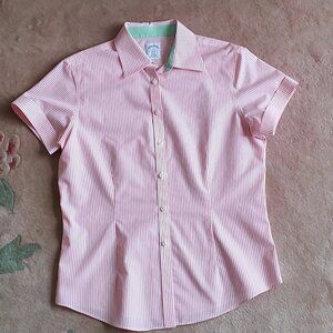 Brooks Brothers 346 Pink & White Striped Cotton Short Sleeve Button Down Shirt-8